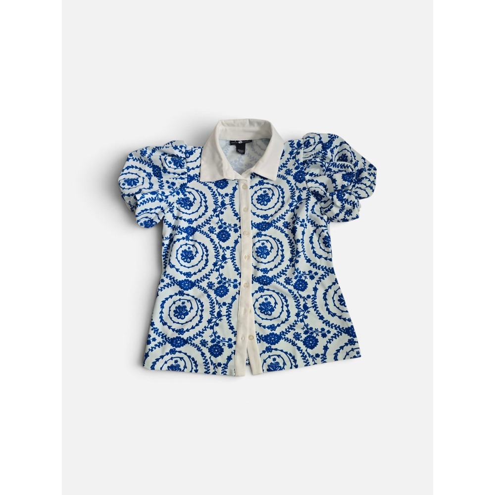 Ashley Stewart Blue White Button Up Blouse Puff Sleeve Feminine Floral Print